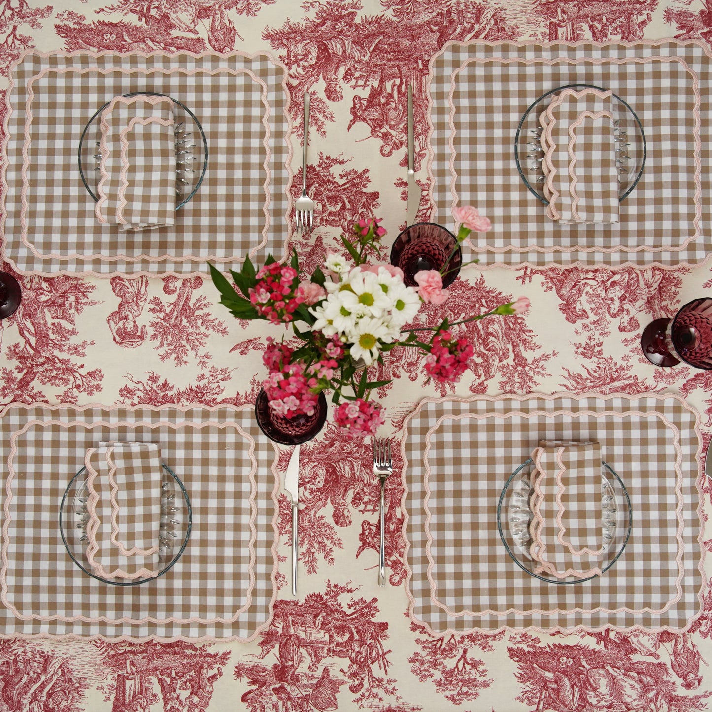 SAGE GINGHAM BEIGE FABRIC PLACEMAT & NAPKIN SET