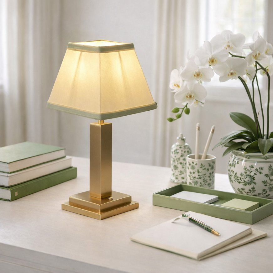Gold Square Rechargeable Lamp with Green Trim Shade