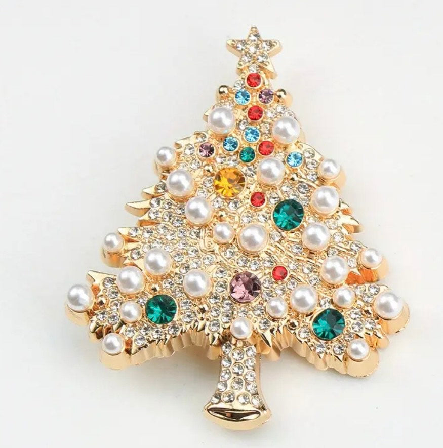 WINTER ELEGANCE RHINESTONE PEARL & CRYSTAL CHRISTMAS TREE BROOCH
