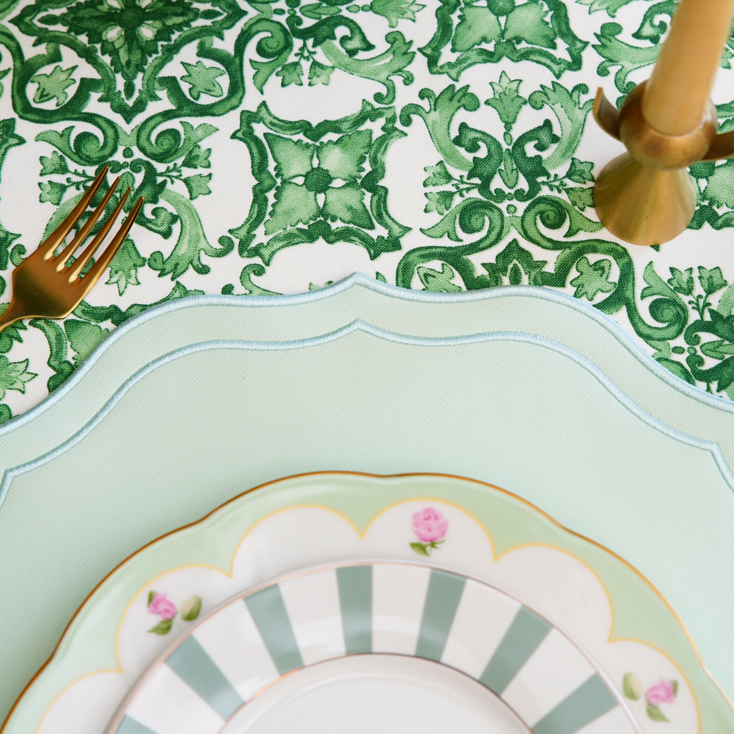 Orchid Pale Green Square Placemat – features detailed embroidery and a durable, stain-resistant vegan leather surface. Designed by PNR Decor.