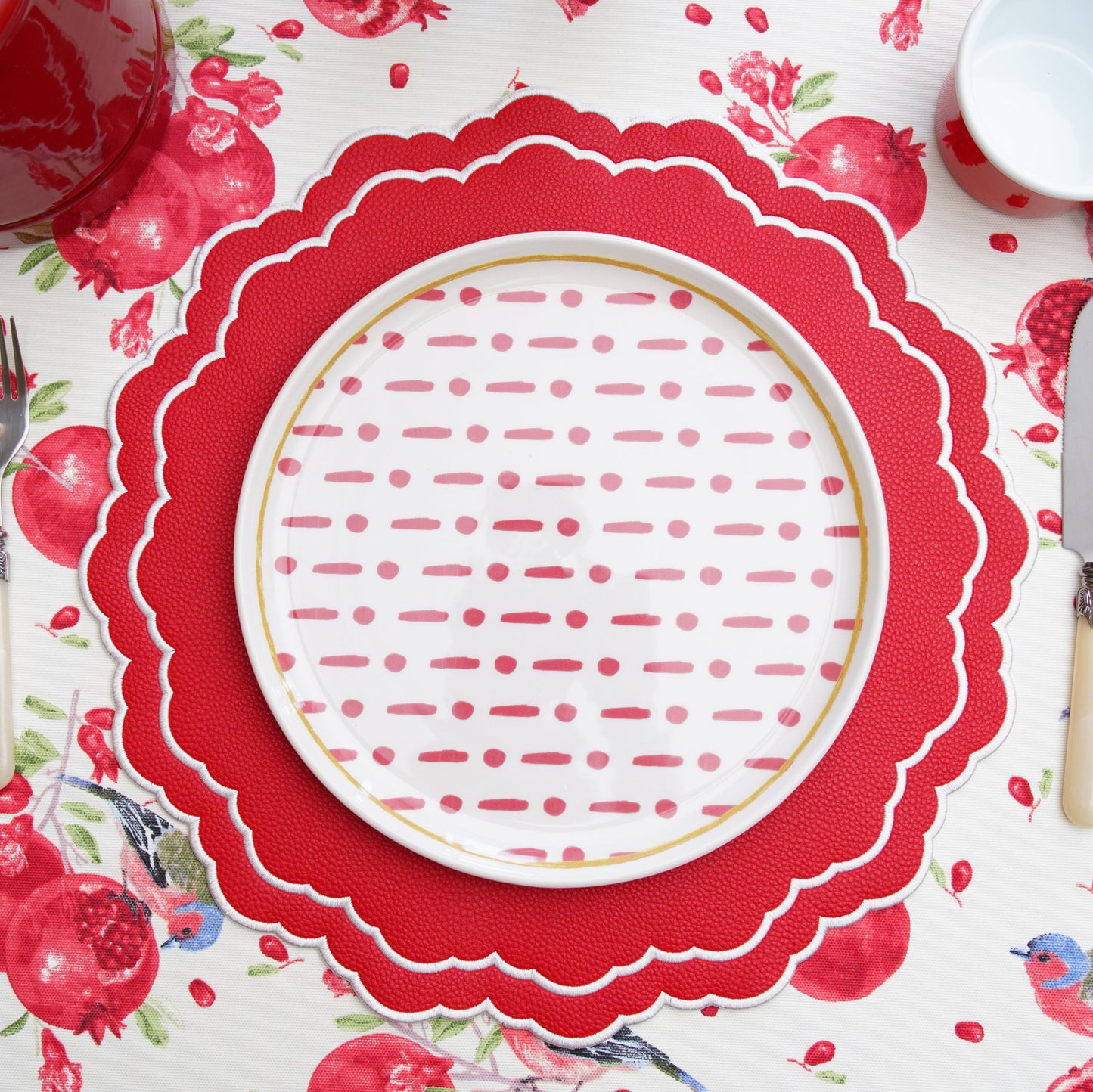Scarlett Red Decorative Faux Leather Placemat – Expertly handmade from cruelty-free materials, beautifully embroidered, and perfect for sophisticated dining and special events. Exclusively by PNR Decor.