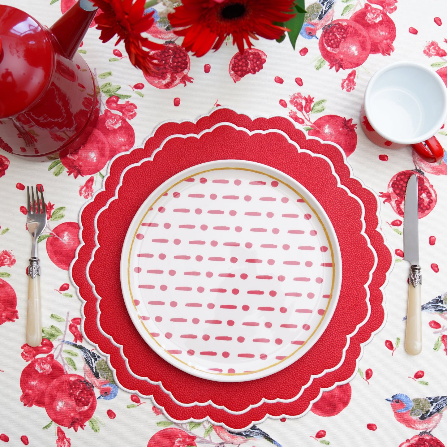 Scarlett Red Round Faux Leather Placemat – Luxuriously styled for sophisticated tables, expertly handcrafted from cruelty-free vegan leather with refined embroidery and an easy-to-clean surface. Exclusively by PNR Decor.