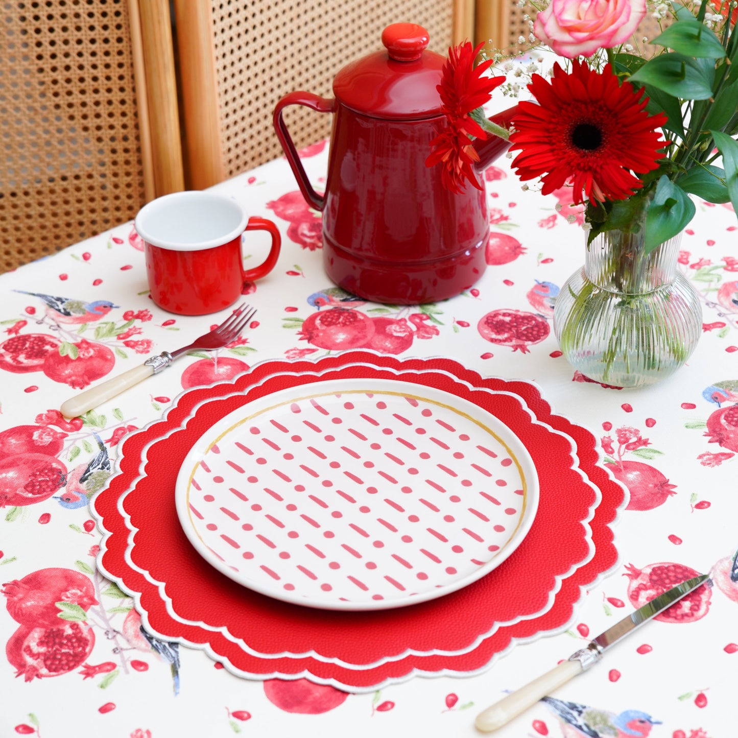 Scarlett Red Vegan Leather Placemat – A sophisticated table accessory crafted with meticulous embroidery and cruelty-free vegan leather, offering easy maintenance and luxury style. Exclusively by PNR Decor.