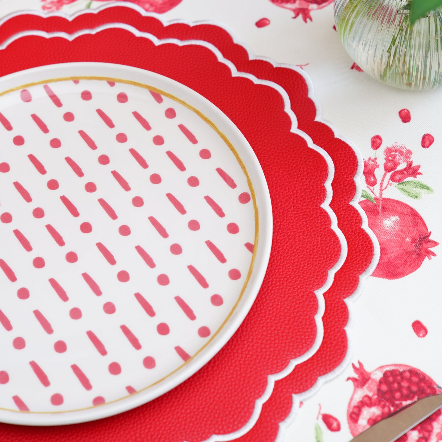 Scarlett Red Luxury Faux Leather Placemat – Elegantly designed with refined embroidery on eco-friendly vegan leather, featuring exceptional durability and easy-care functionality. Exclusively by PNR Decor.
