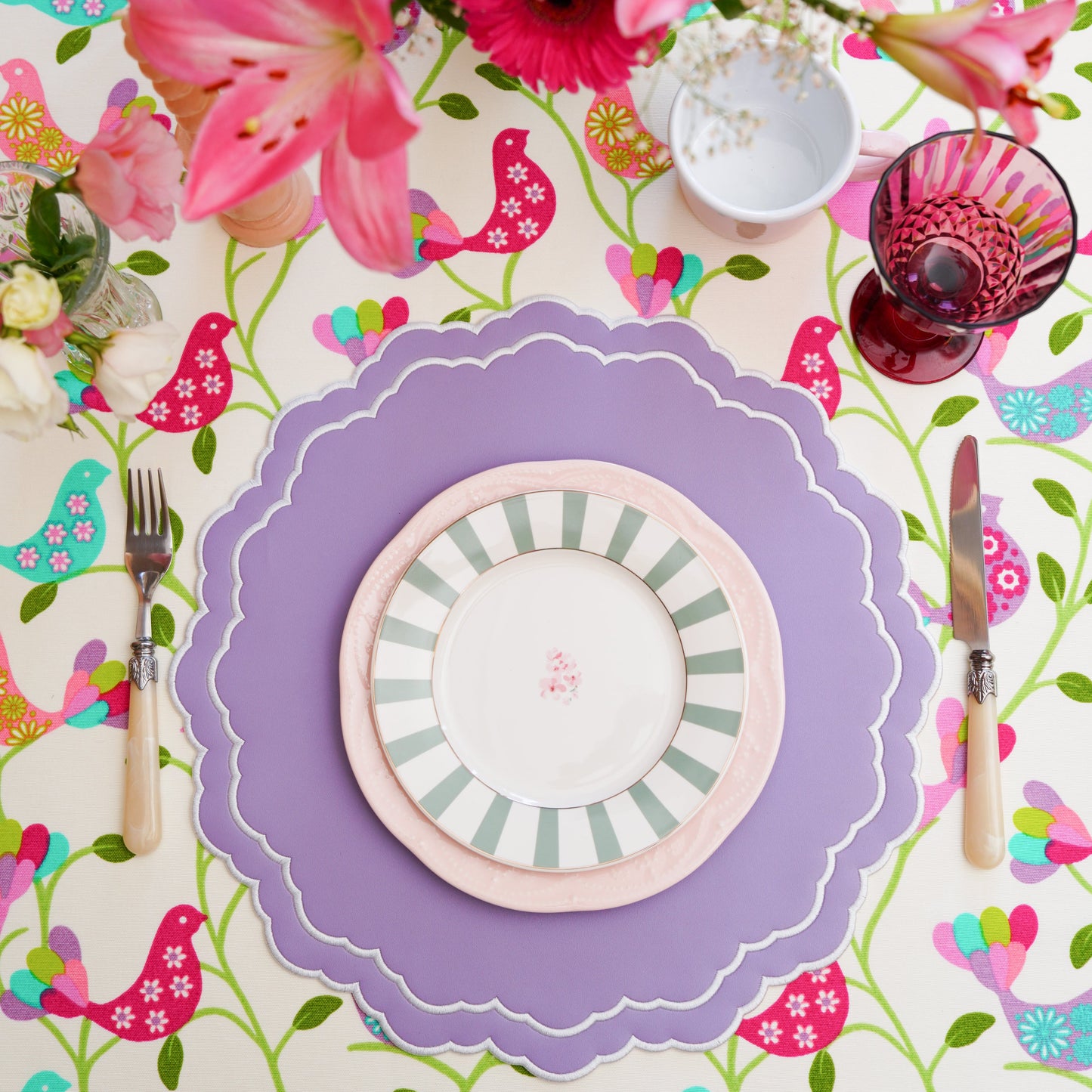 Scarlett White Purple Decorative Faux Leather Placemat – Featuring elegant embroidery, eco-conscious craftsmanship, and durable double-layered design for sophisticated dining experiences. Exclusively by PNR Decor.