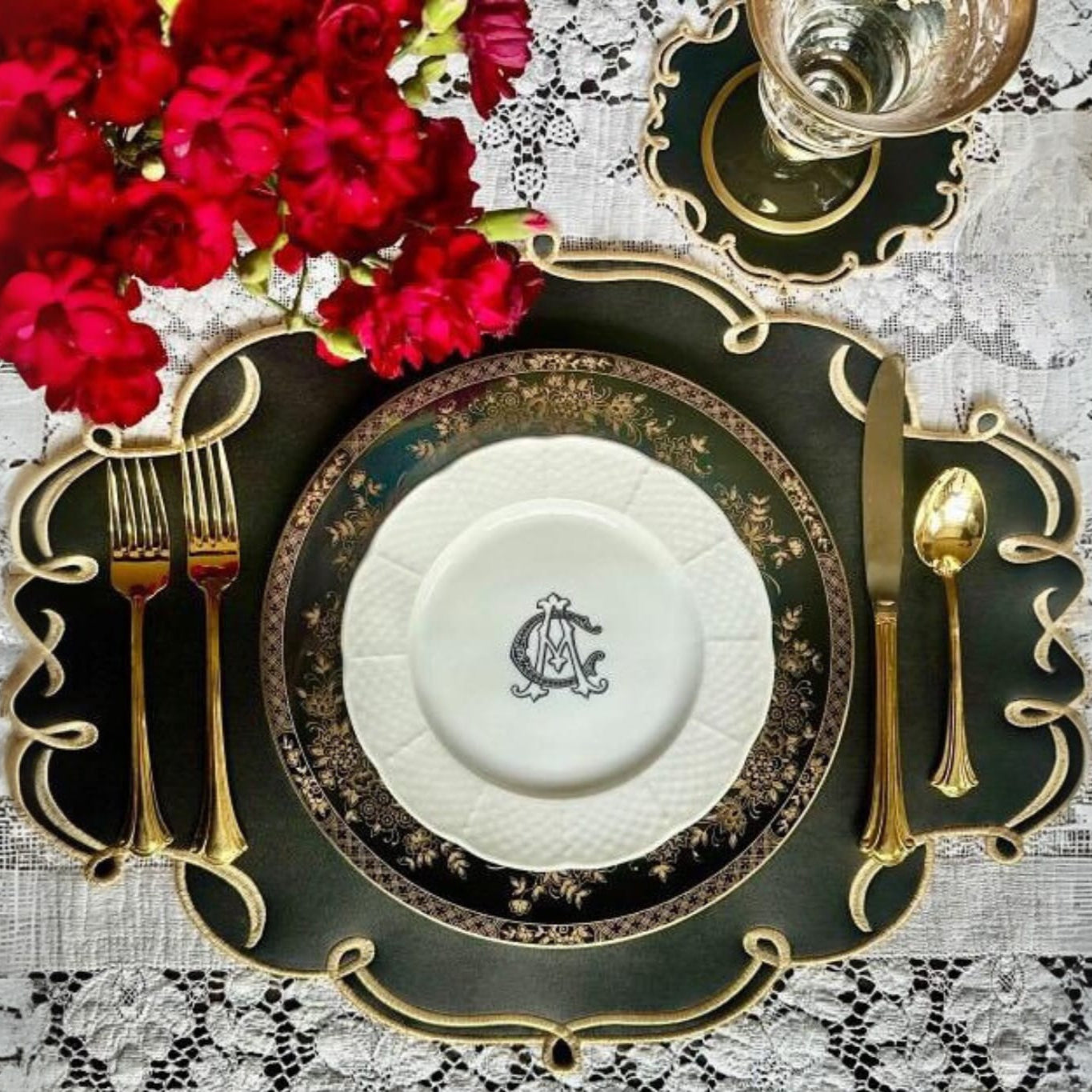 Celestia Black Oval Faux Leather Placemat & Napkin & Coaster Set – expertly handcrafted from eco-friendly, vegan faux leather with elegant embroidery and double-layered design, stain-resistant and durable.