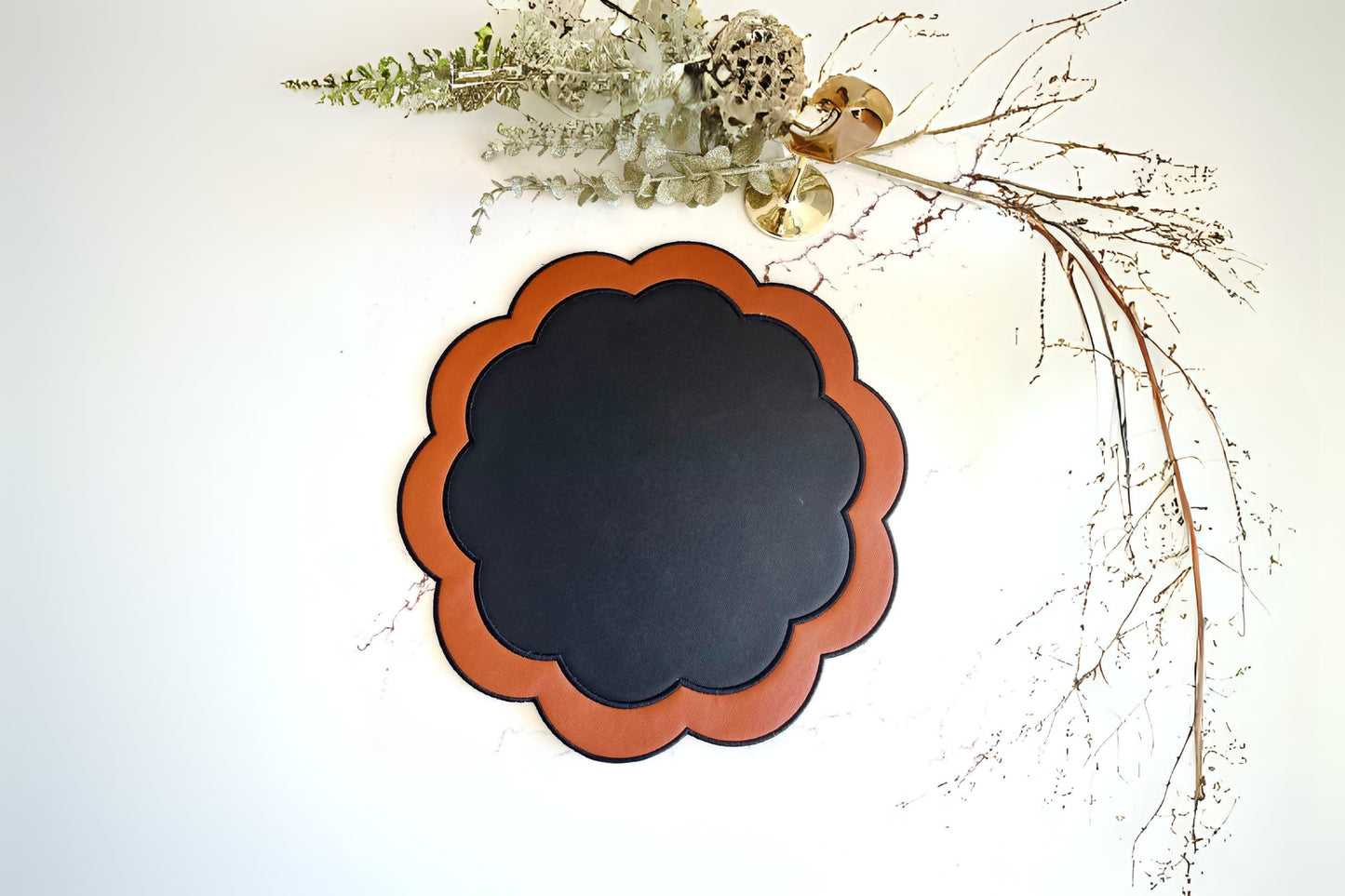 Stylish black and orange faux leather placemat for weddings, special occasions, and corporate events