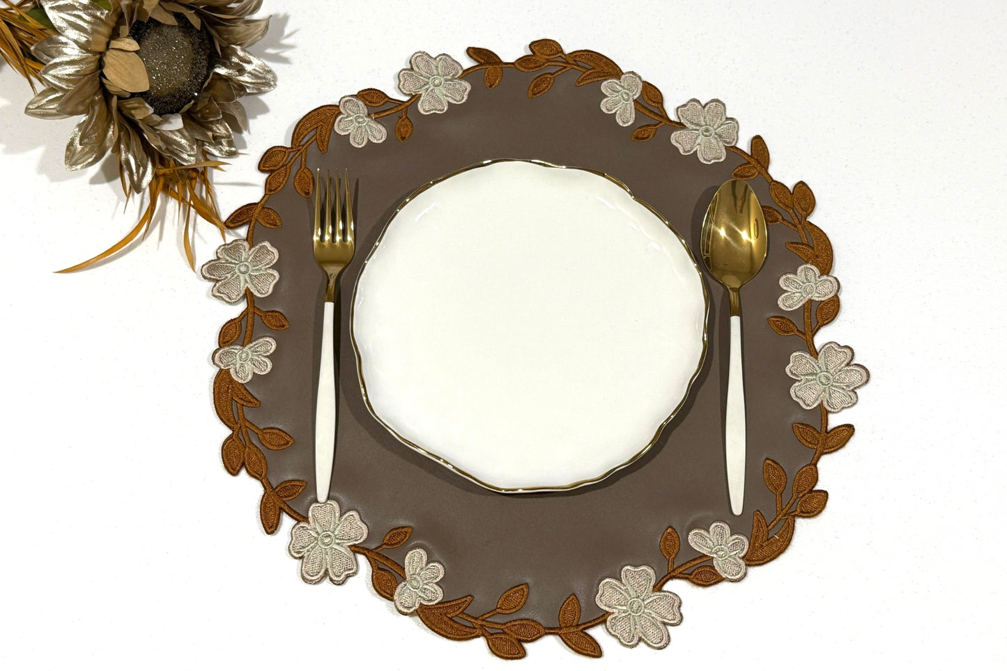 Unity Brown Faux Leather Placemat with Embroidery – Stylish & Waterproof Dining Table Decor