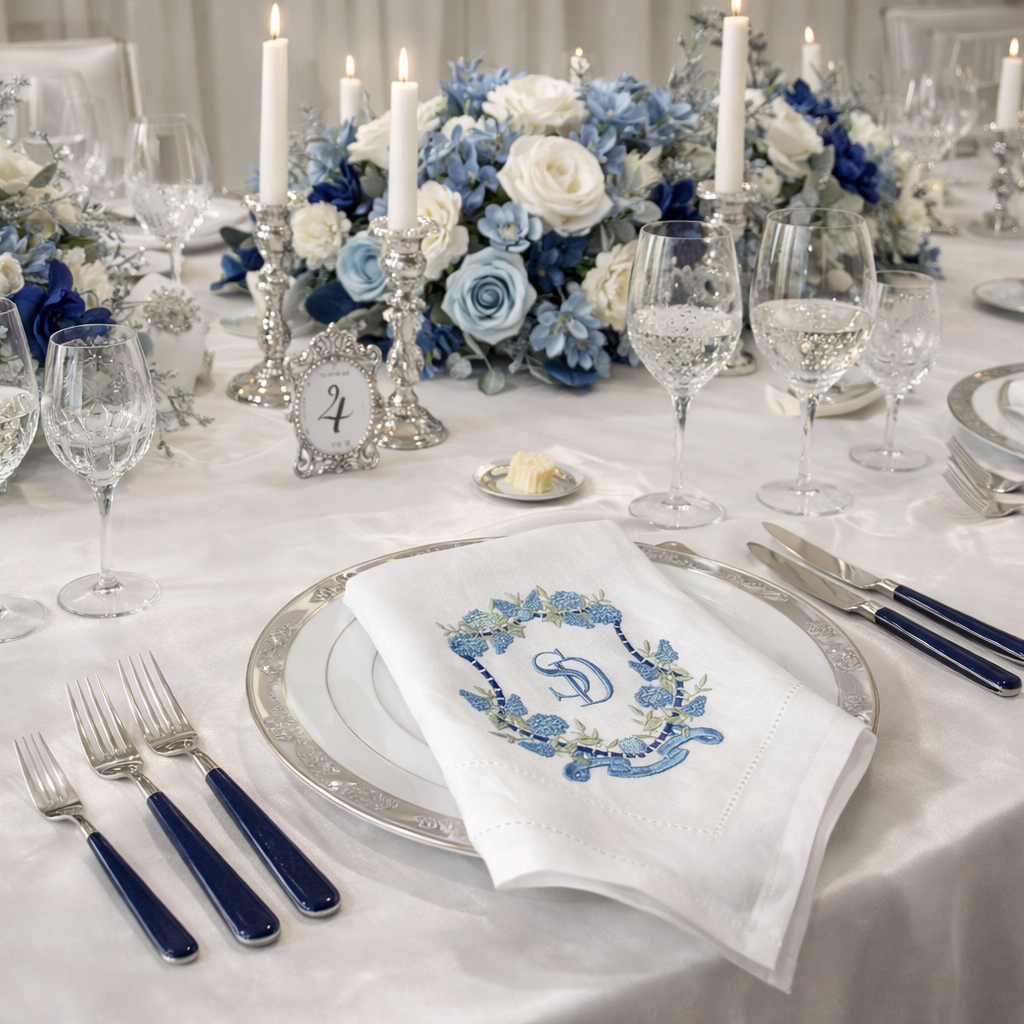 Grand wedding table setting featuring a white cloth napkin with a custom blue floral crest monogram, placed on a silver-rimmed plate with navy flatware and elegant blue and white floral centerpieces.