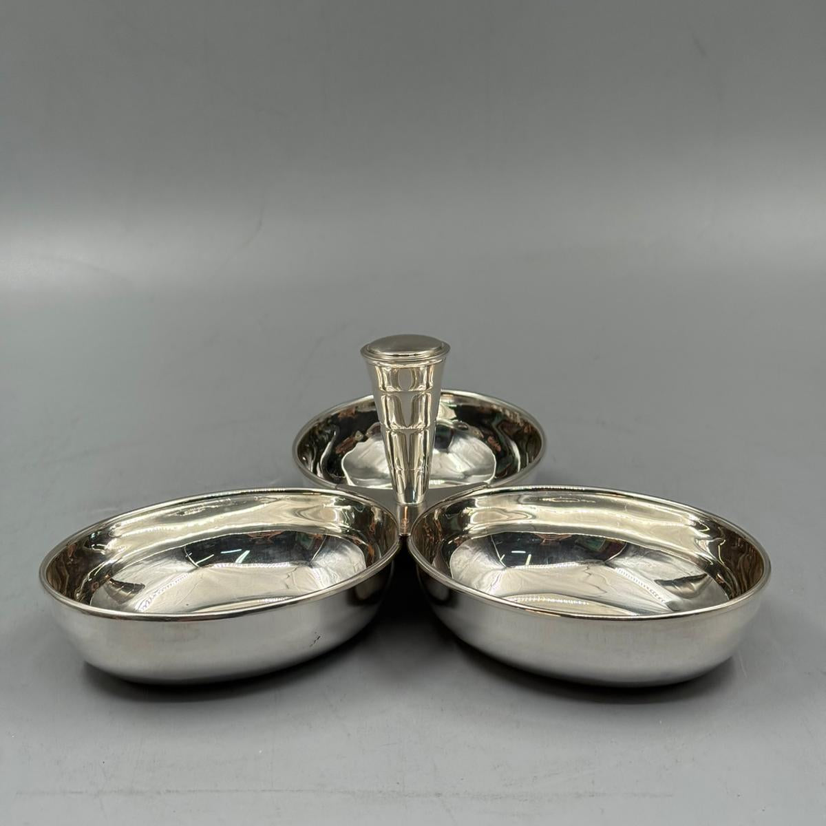 Decorative triple snack dish in silver metal design for desserts, nuts, and chocolates