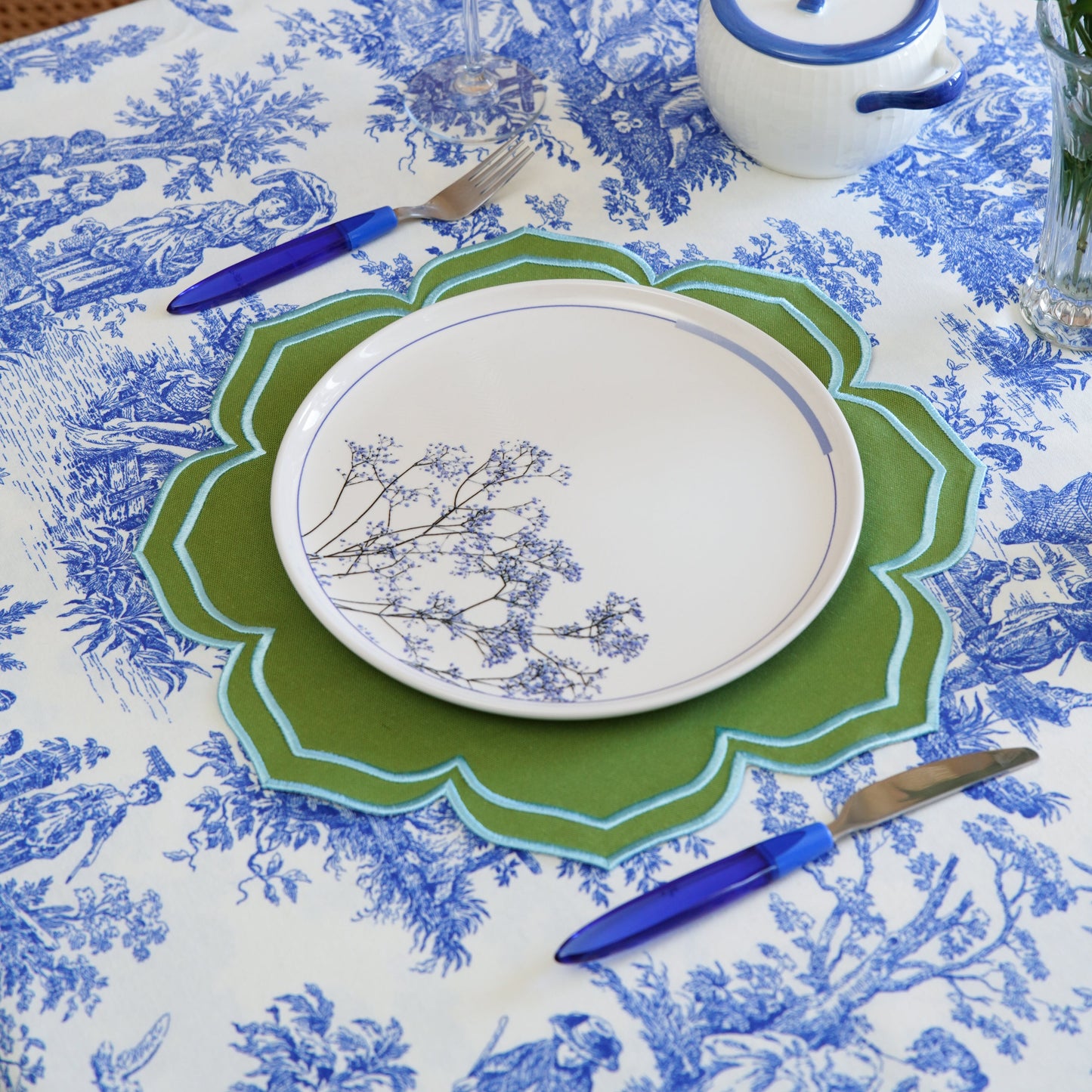 Custom embroidered cotton table linen with silk thread detailing, perfect for weddings, holidays, and dinner parties, available for fast USA shipping.