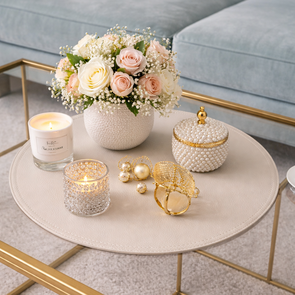 Elegant living room coffee table decor featuring a floral centerpiece with pink and white roses, lit candles, a pearl decorative box, and gold accents on a round display tray.