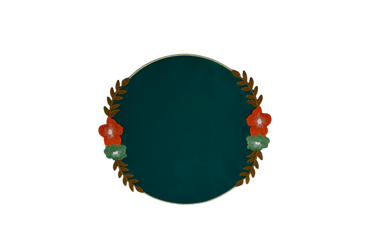 Elegant embroidered dark green faux leather placemat for upscale restaurant and hotel table settings