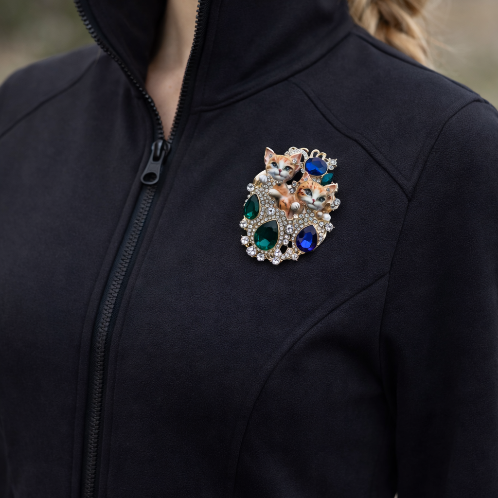 Close up of whimsical enamel ginger kitten brooch with large green and blue crystal gems by PNR Decor ship from USA