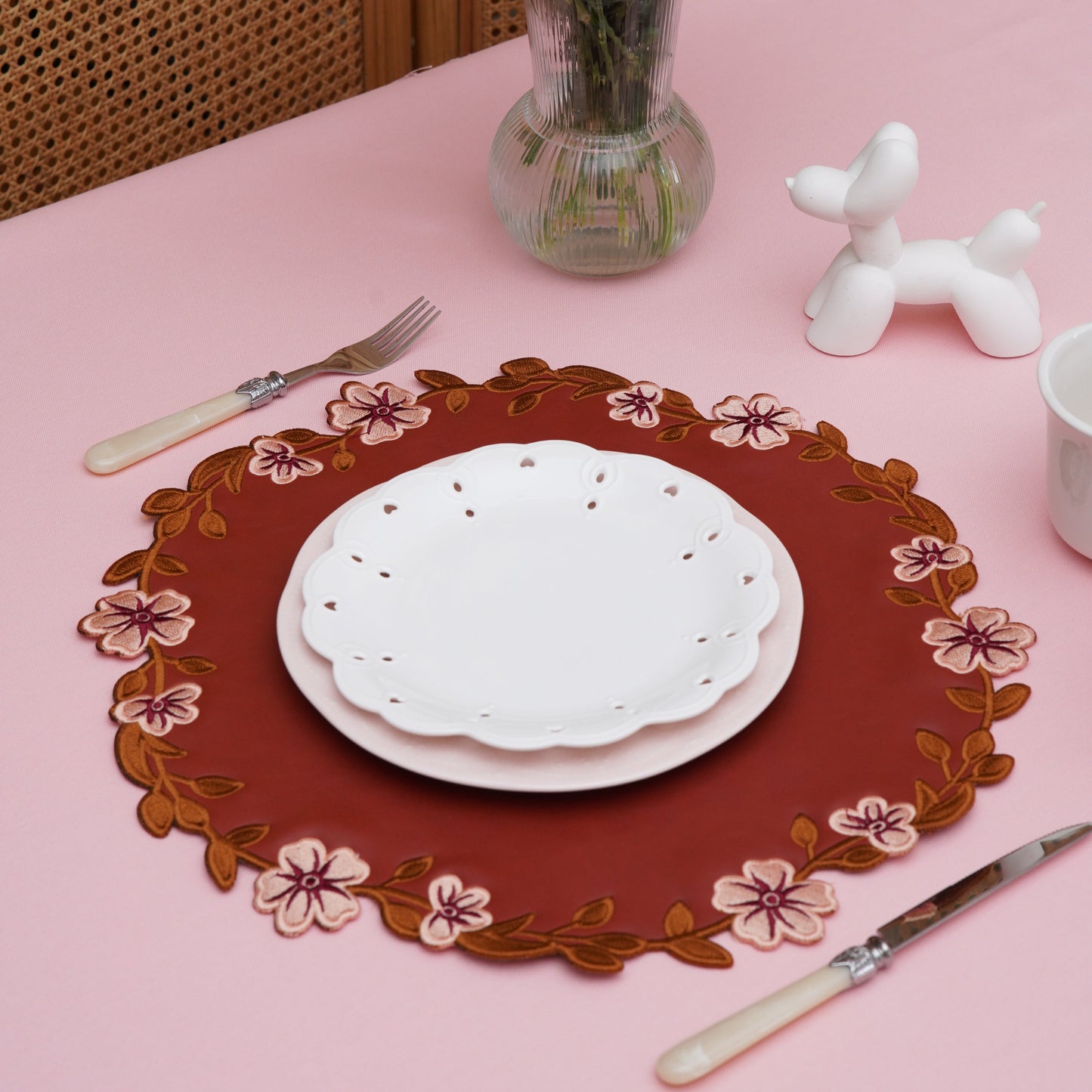 Dark Orange Round Table Placemat – made from cruelty-free vegan leather, this stylish piece adds warmth and charm to formal or festive table decor.