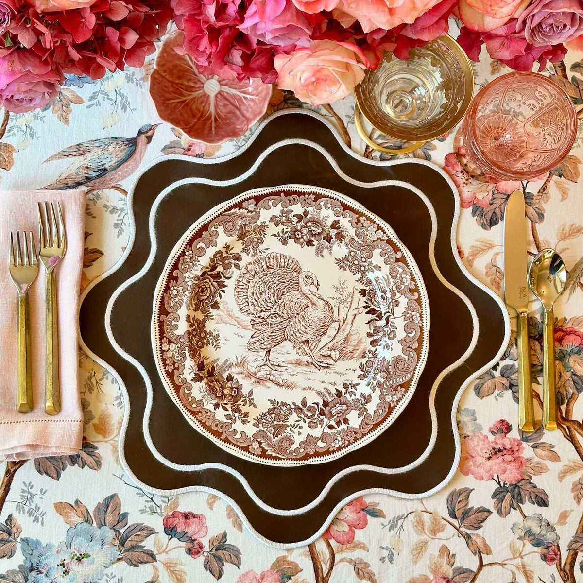 Haven brown faux leather wavy placemat styled for a warm modern table setting by PNRDECOR ship from USA