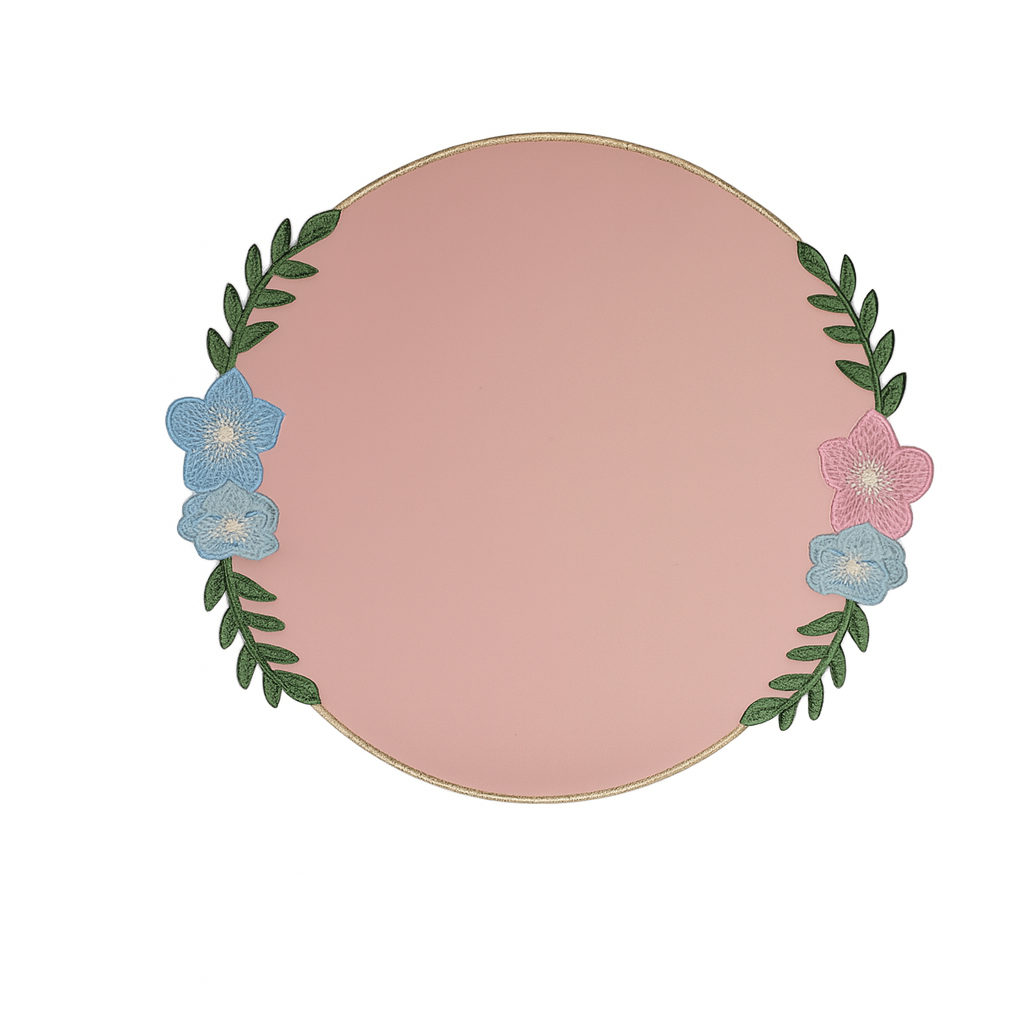 Jasmine blush pink vegan leather circular placemat close up showing smooth texture for modern dining by PNRDECOR ship from USA