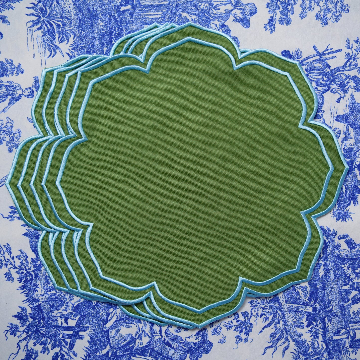 Custom embroidered cotton table linen with silk thread detailing, suitable for luxury dining and everyday use, made to order with USA delivery.