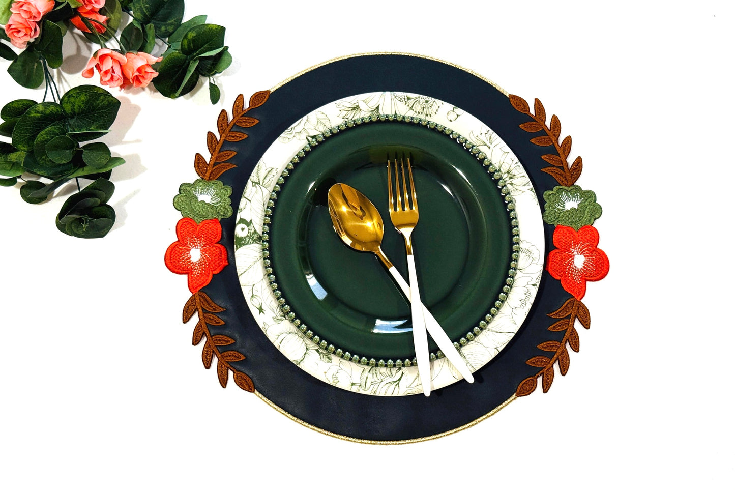 Durable and stylish dark green faux leather placemat, a great gift or wholesale option for event planners