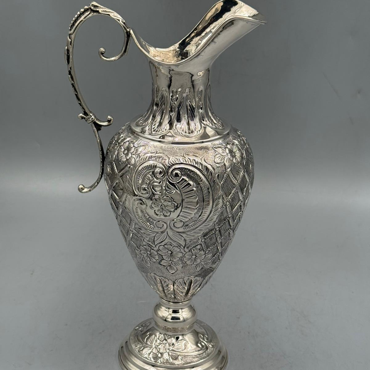 High polished antique silver serving vessel with detailed relief work by PNR Decor ship from USA