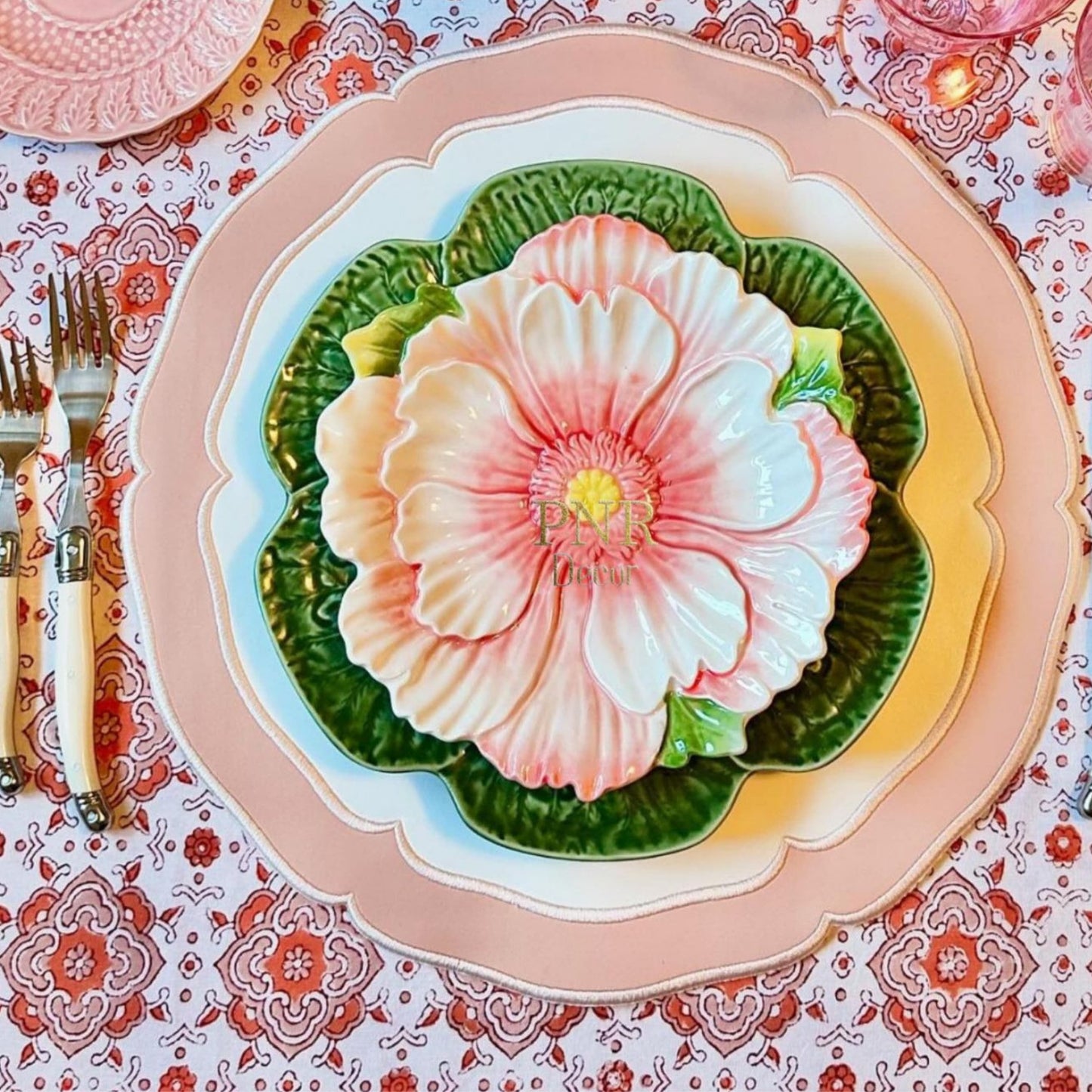 Easter table decor showcasing the handmade white vegan leather placemat with pink silk embroidery