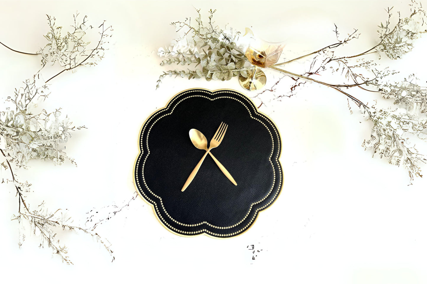 Luxury black and gold faux leather placemat ideal for weddings, formal dining, and upscale events