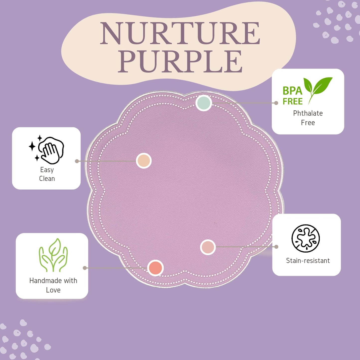 Nurture purple faux leather scalloped placemat styled for a party and holiday table setting by PNRDECOR ship from USA