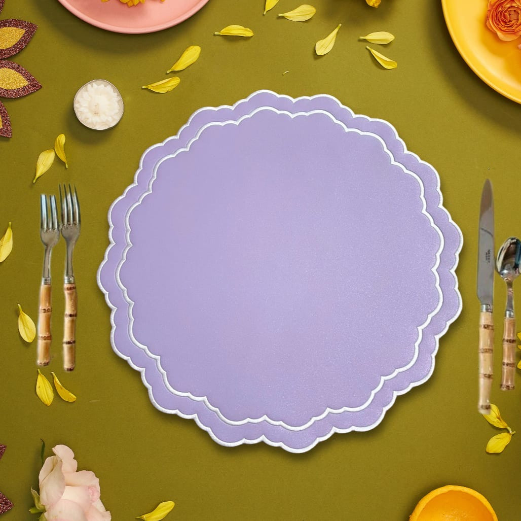 Scarlet Purple Round Faux Leather Placemat
– close-up view showing the intricate embroidery, double-layer stitching, and premium vegan faux leather texture. Exclusively by PNR Decor.