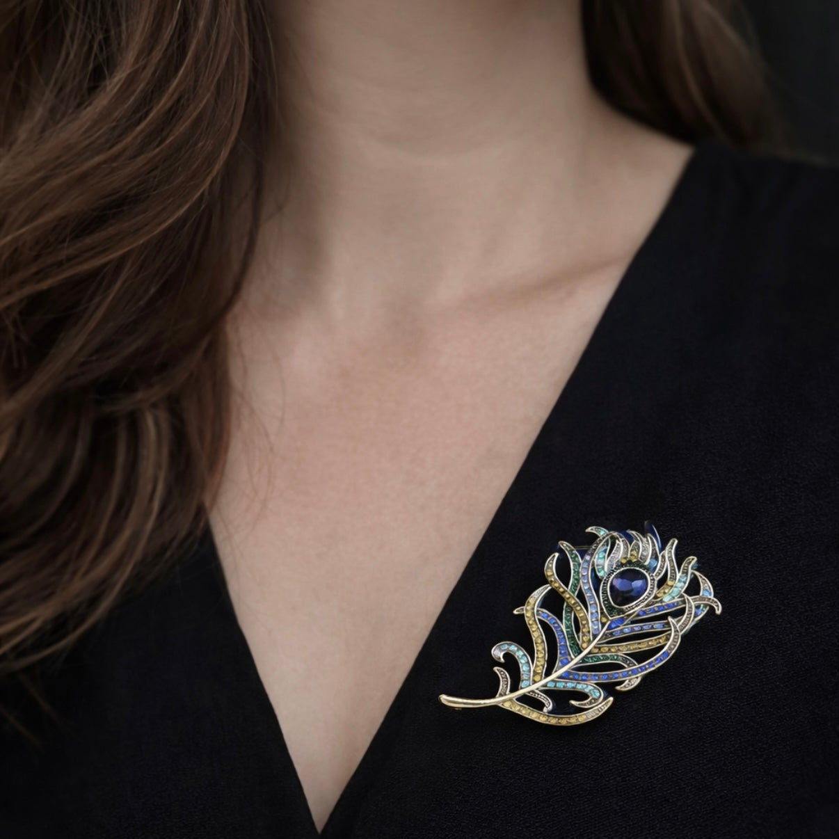 Royal Peacock Feather crystal brooch with shimmering rhinestones and elegant feather design, Ship From USA, by Pnr Decor.