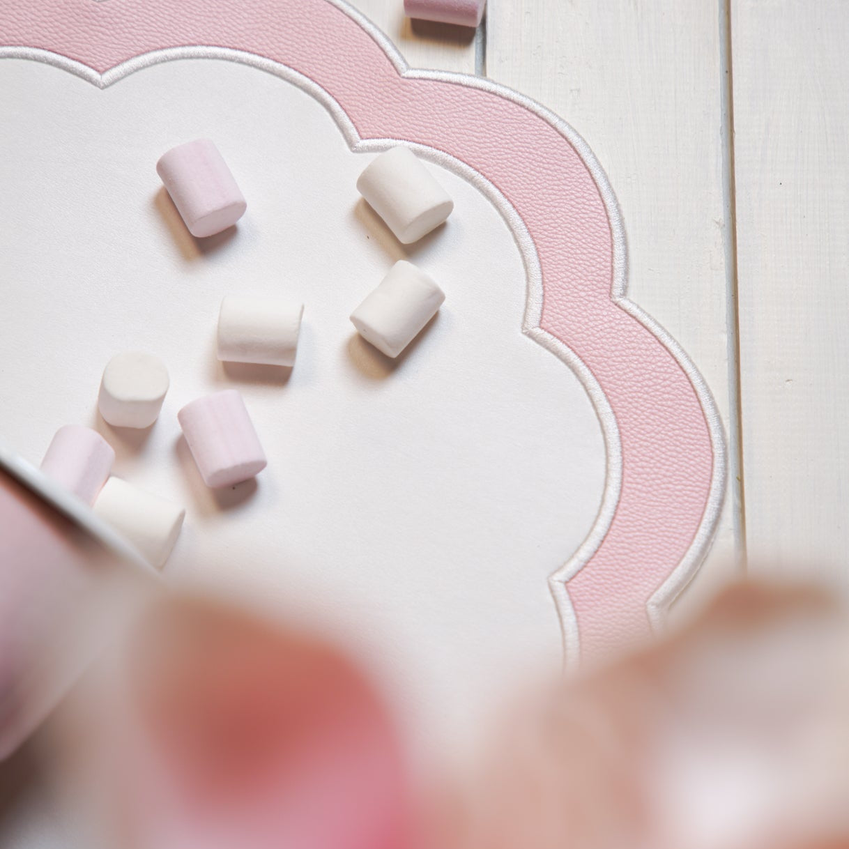 Serenity White Pink Faux Leather Placemat
– perfect for weddings, formal dining, or special events — a luxury placemat made from eco-conscious vegan leather. Exclusively by PNR Decor.