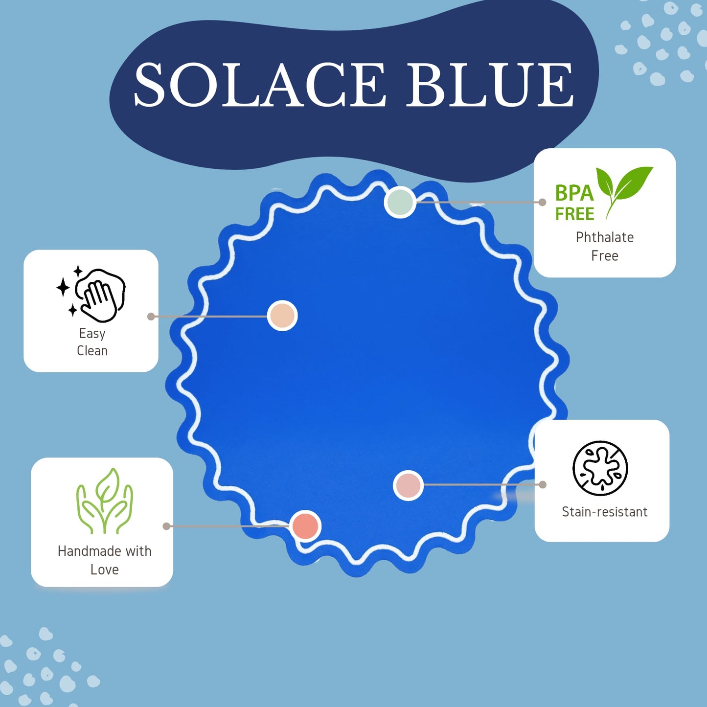 Solace Blue Round Faux Leather Placemat
– perfect for weddings, formal dining, or special events — a luxury placemat made from eco-conscious vegan leather. Exclusively by PNR Decor.
