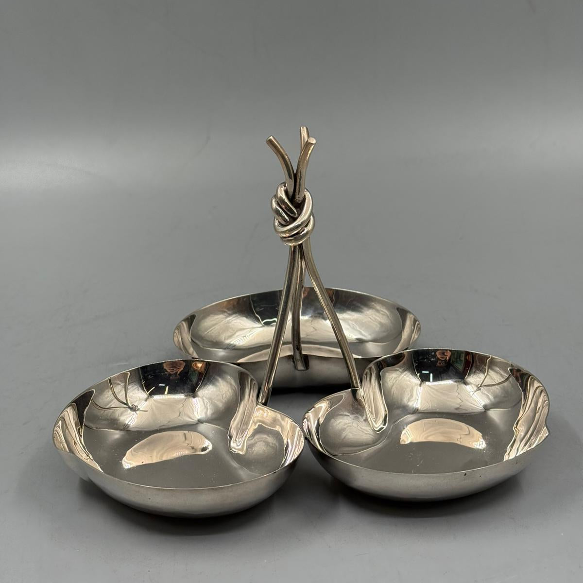 Triple heart shaped decorative metal bowl for serving snacks, desserts, and treats