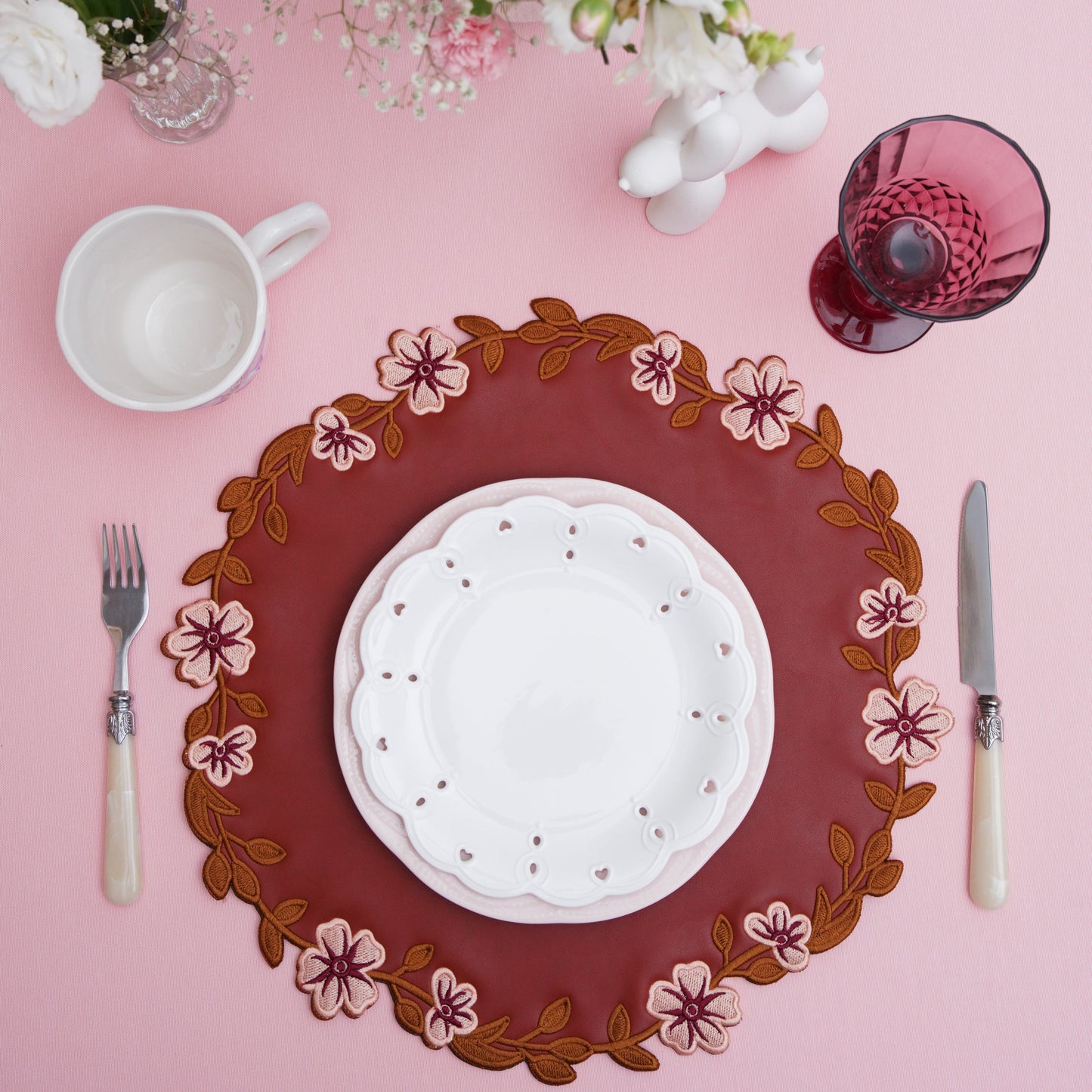 Unity Dark Orange Vegan Leather Placemat – a handcrafted round placemat designed for weddings and gatherings, with a durable and elegant finish.