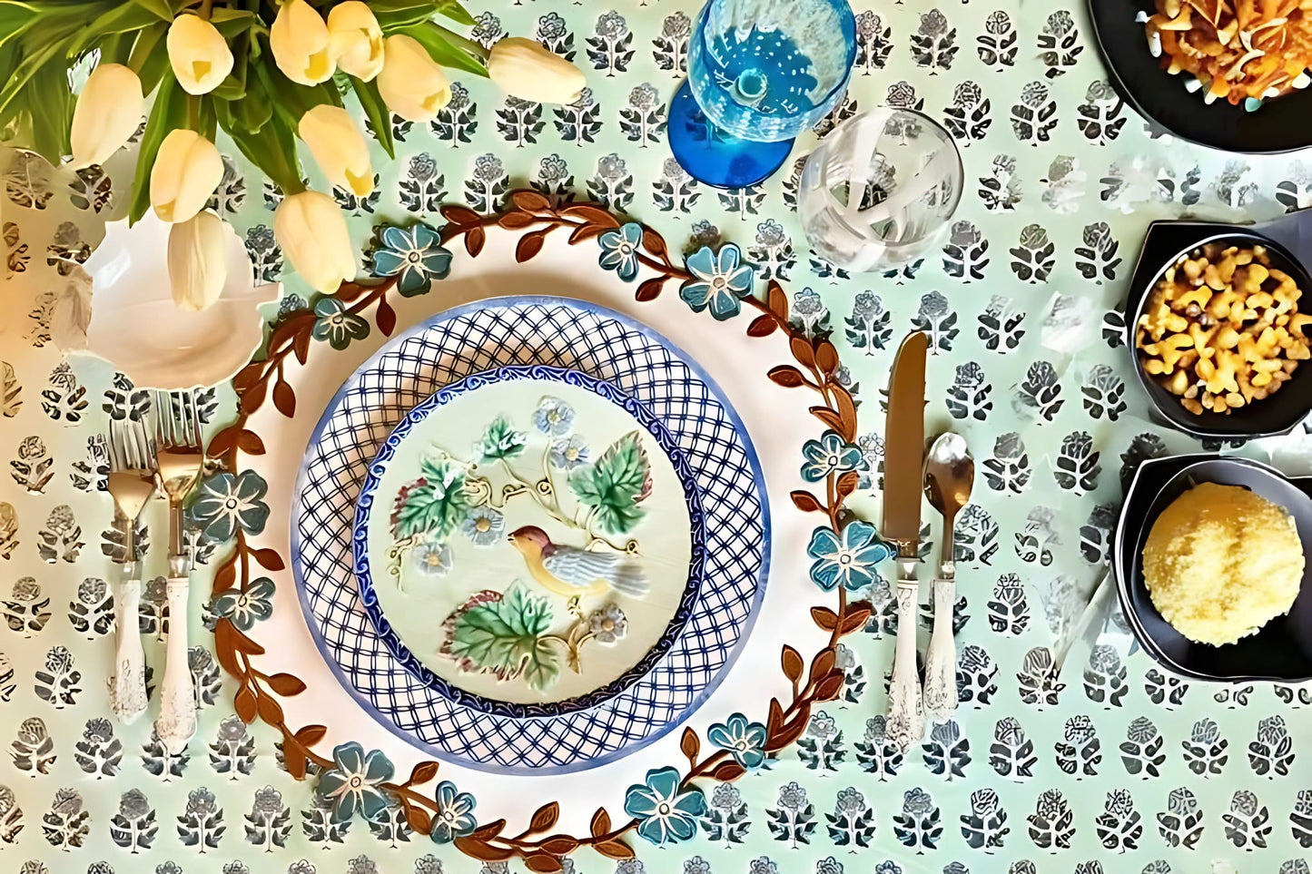 White Blue Brown Faux Leather Placemat with Embroidery – Elegant Dining Table Decor