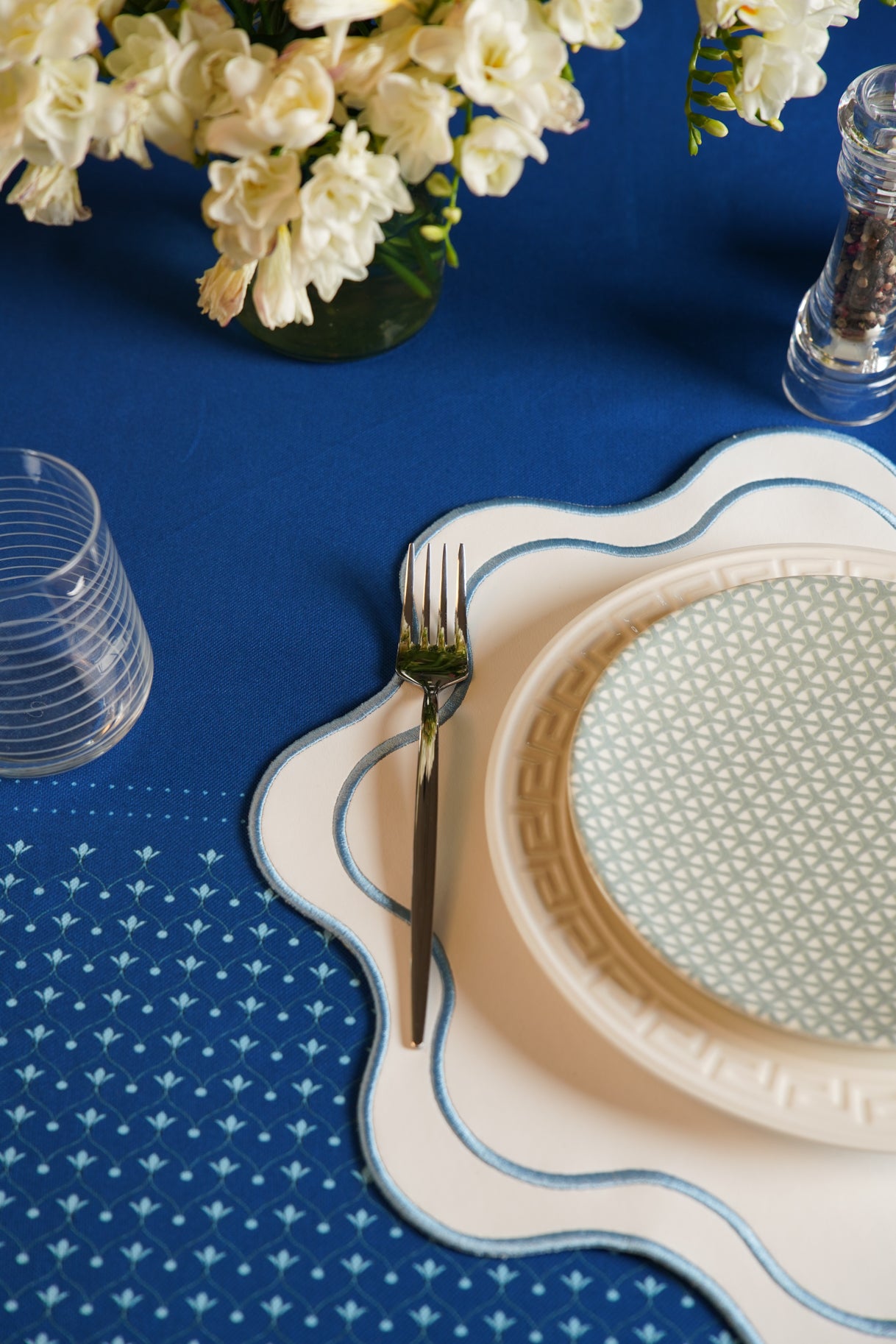 Luxury embroidered white and blue faux leather placemat for weddings, home decor, and special occasions