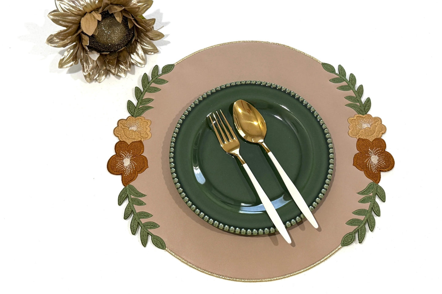 Jasmine beige faux leather placemat with intricate embroidery, perfect for weddings and elegant table settings
