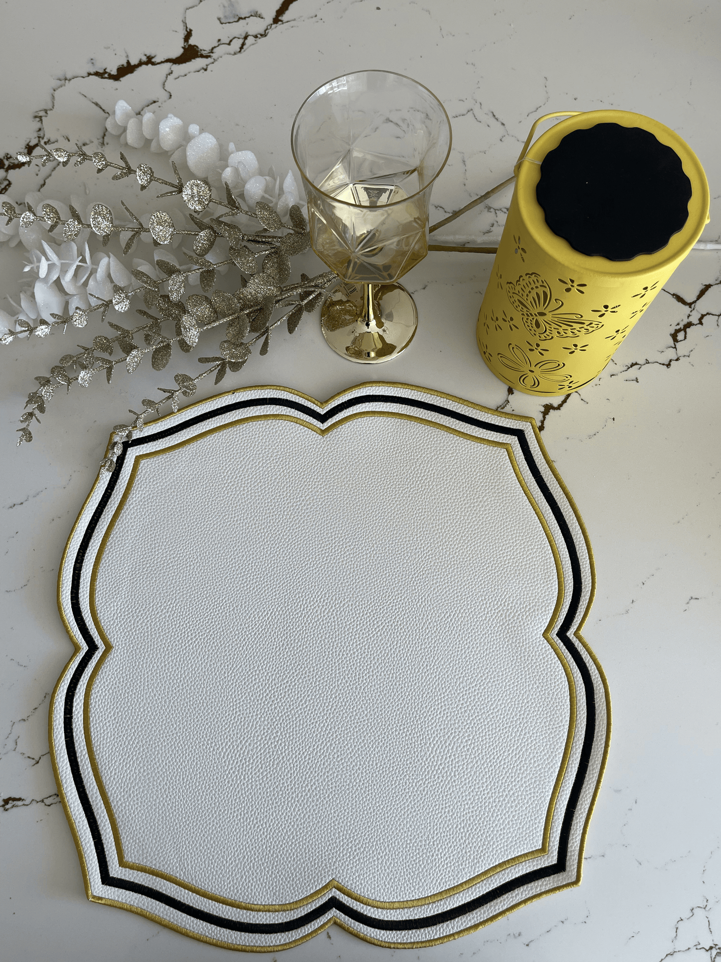 Premium Zeal Faux Leather Placemat – White, Black, and Gold Design for Special Events