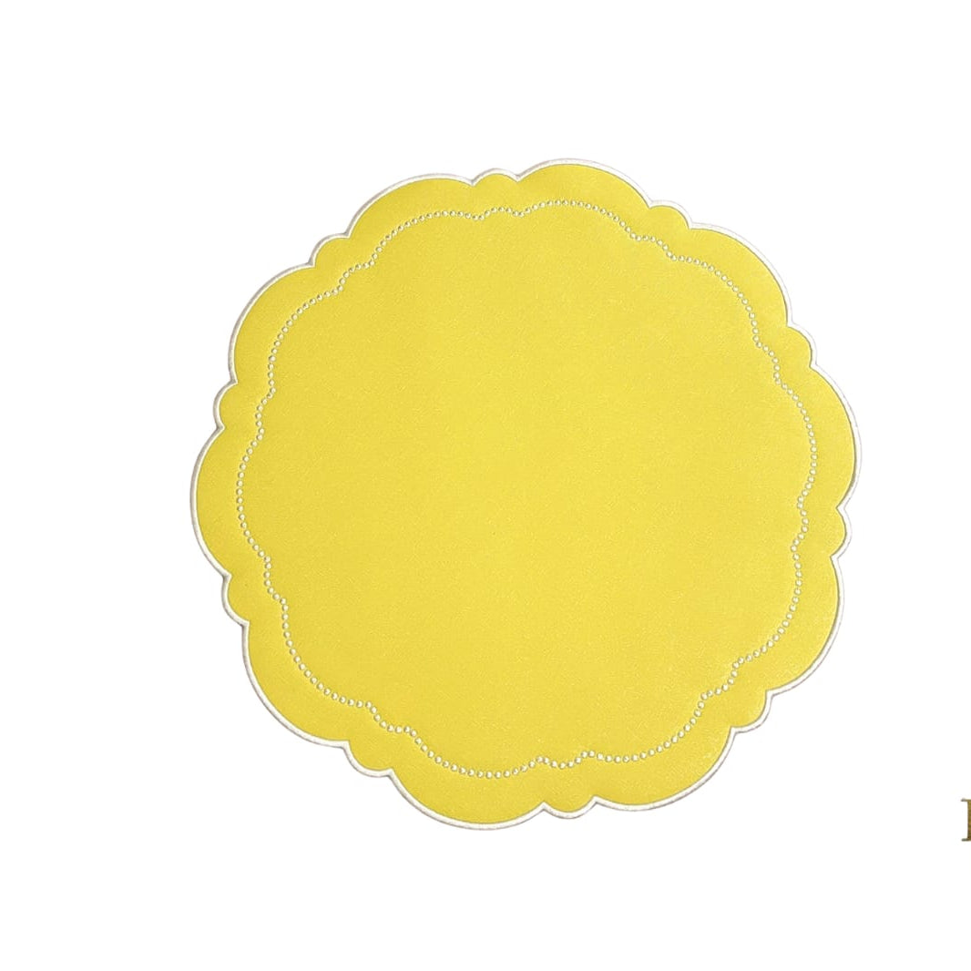 Halo Yellow Round Faux Leather Placemat – close-up view showing the intricate embroidery, double-layer stitching, and premium vegan faux leather texture.