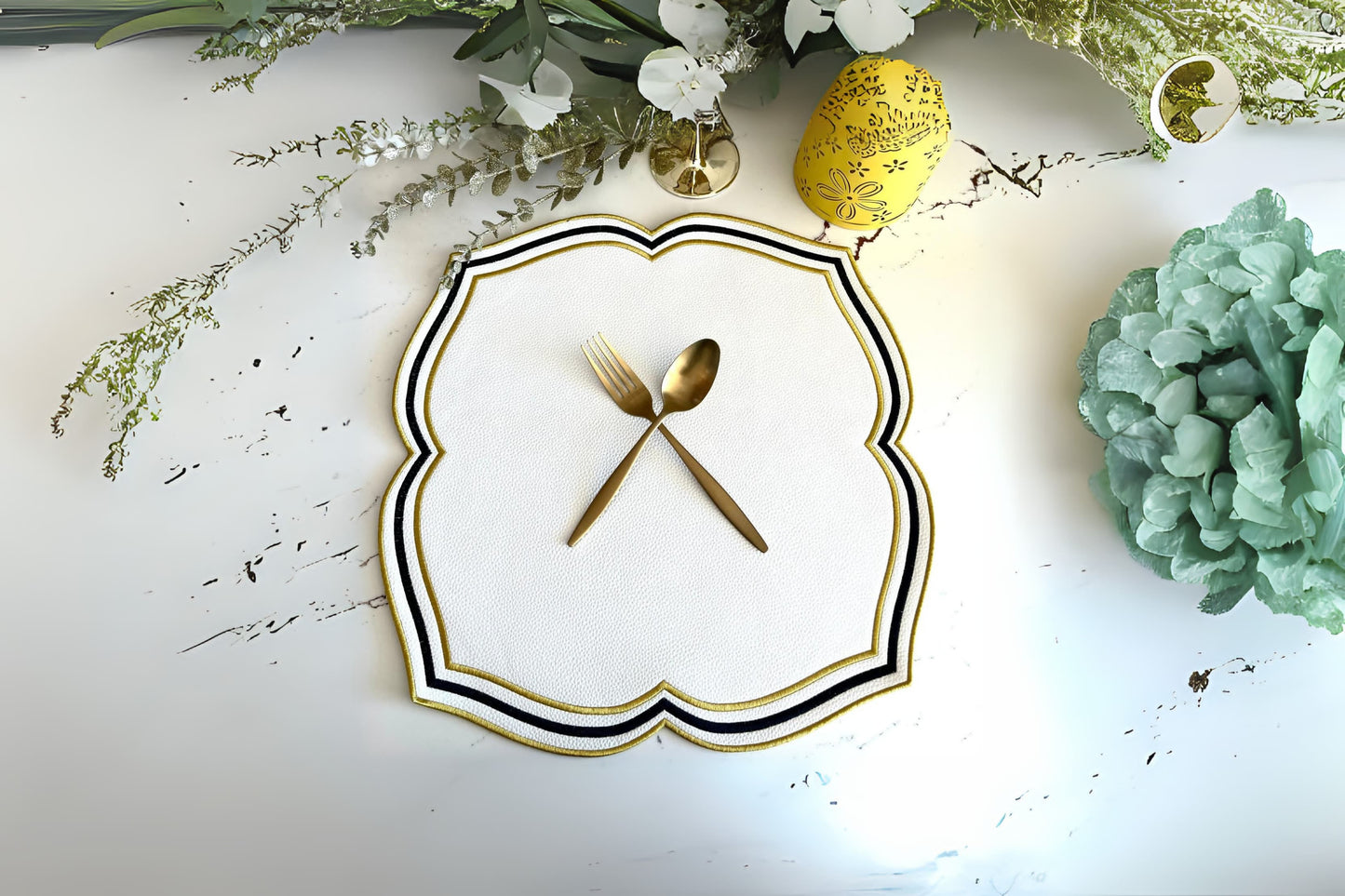 Luxury Zeal Faux Leather Placemat in White, Black, and Gold for Weddings and Special Occasions