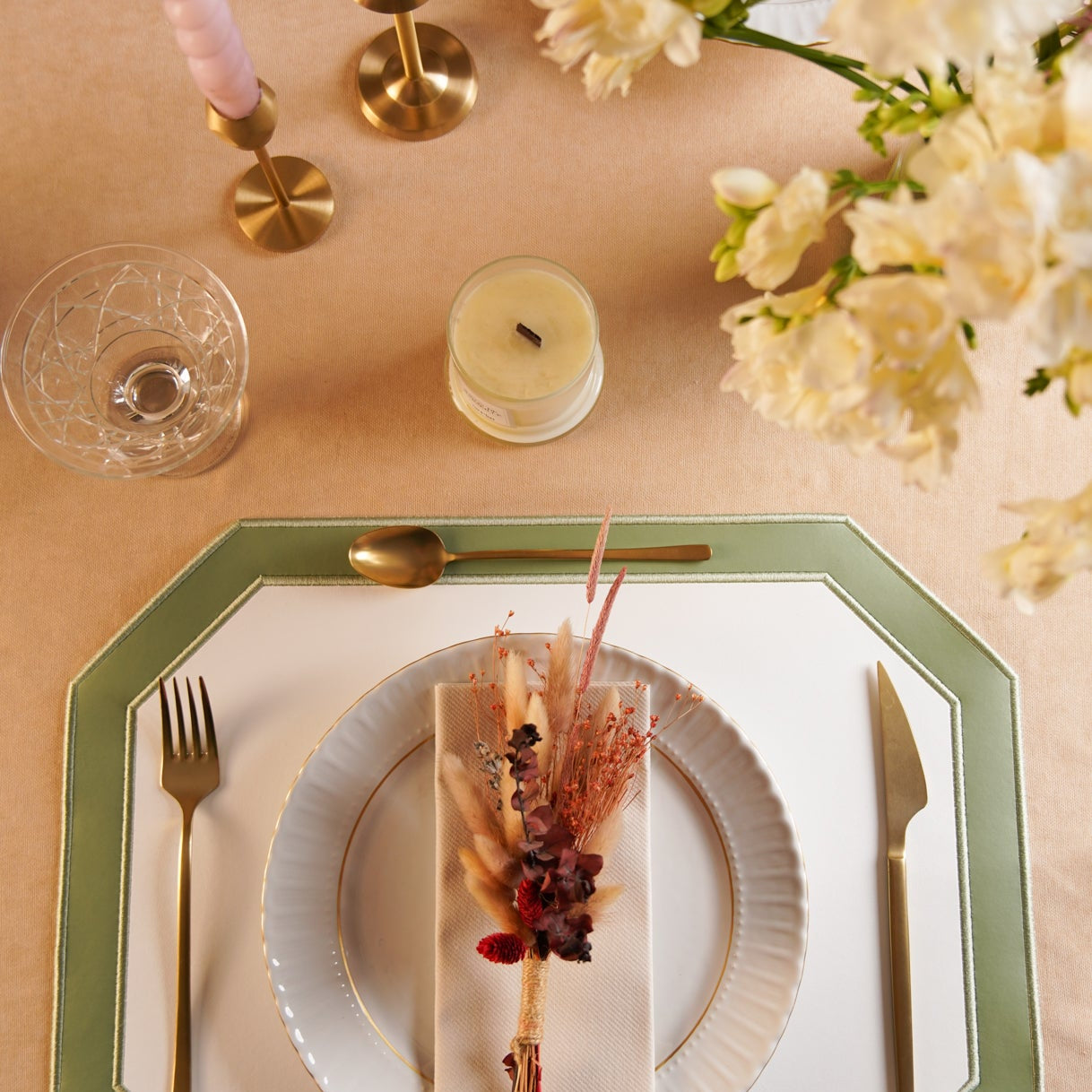 Zenvia Light Green Octagon Faux Leather Placemat
– detailed shot highlighting the stain-resistant, handcrafted quality and layered construction of the faux leather surface. Exclusively by PNR Decor.