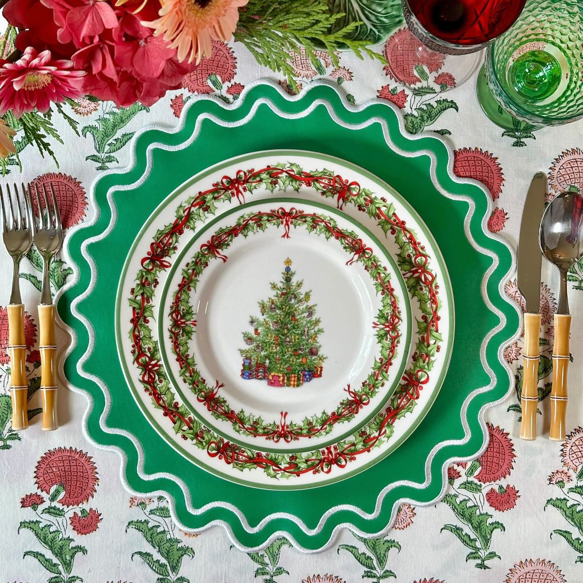 Solace green and white faux leather scalloped placemat styled for a Christmas table setting by PNRDECOR ship from USA
