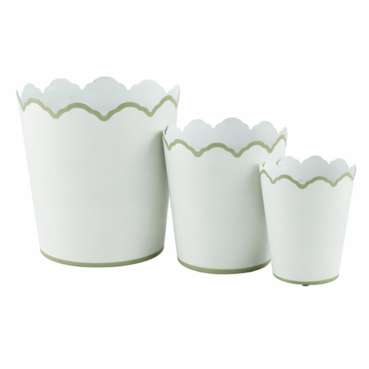 White & Soft Green Scalloped Bucket Wastepaper Basket & Planters (4 Options)