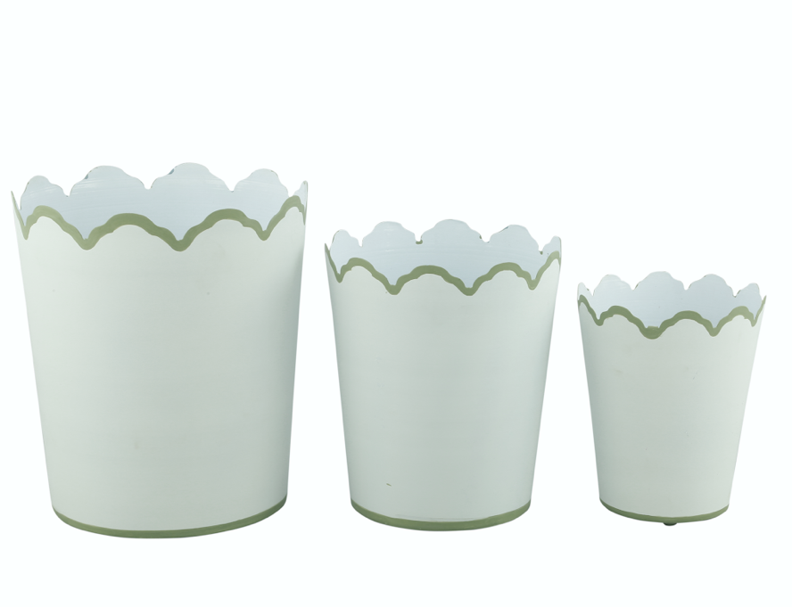 White & Soft Green Scalloped Bucket Wastepaper Basket & Planters (4 Options)