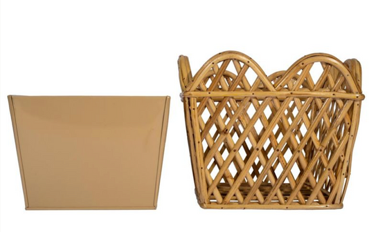 Natural Square Scalloped Lattice Rattan Planter