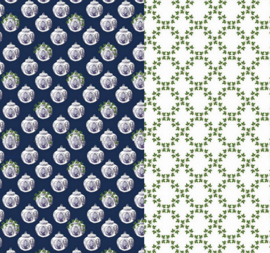 Reversible Navy Ginger Jar and Green Trellis Gift Wrap