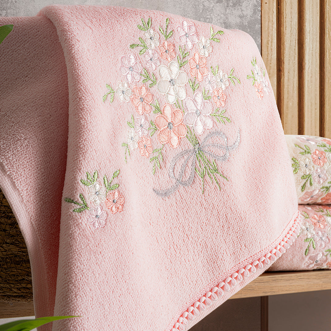 Close up of Absorba Verse velvet towels showing embroidered detail and plush velvet texture by PNRDECOR ship from USA