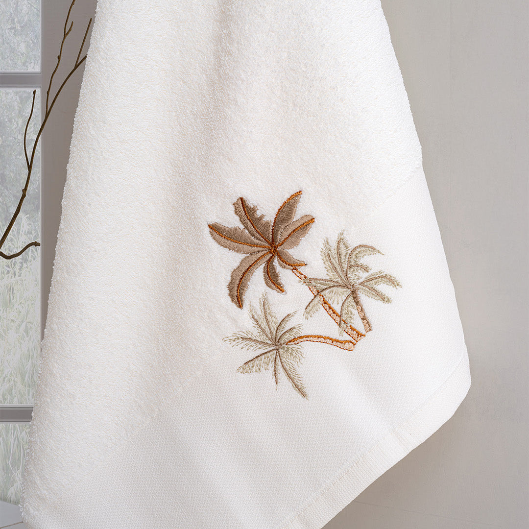 Close up of Aureva cotton towels showing embroidered detail and soft cotton texture by PNRDECOR ship from USA