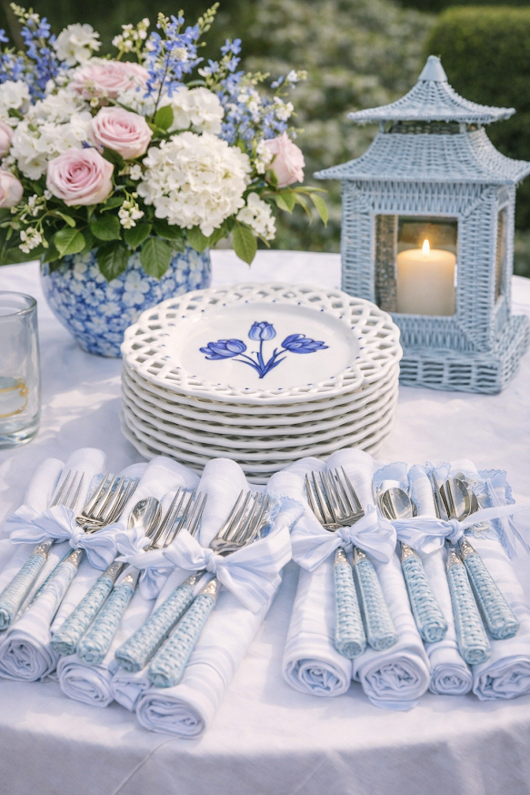 Soft Blue Basketweave Five Piece Flatware Set