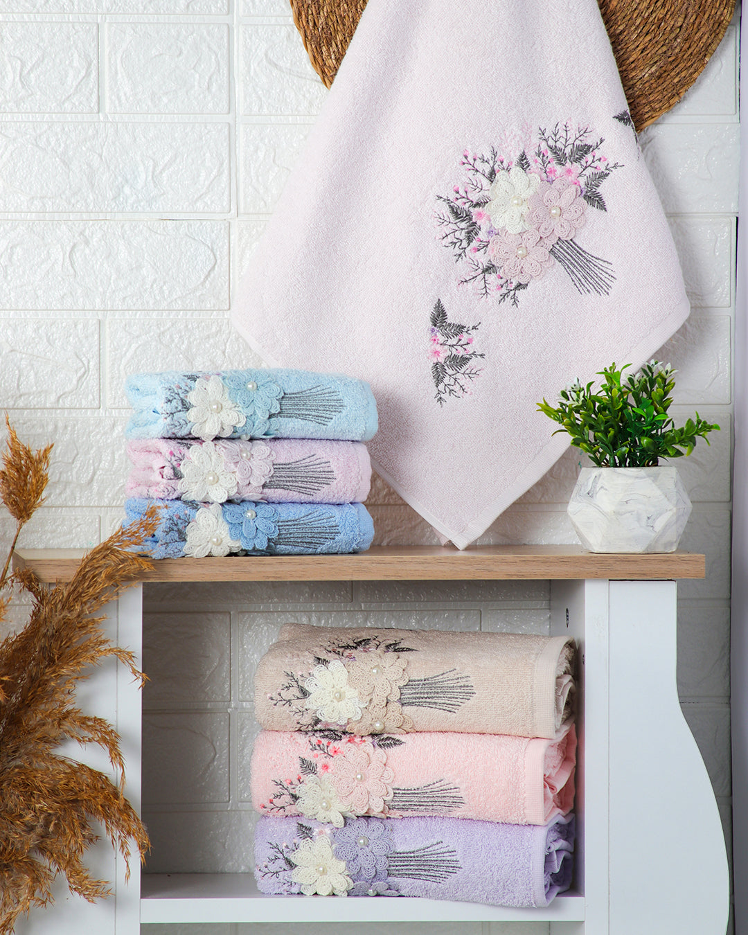 Velora Embroidered Cotton Towel Set – Premium Hand & Kitchen Towels