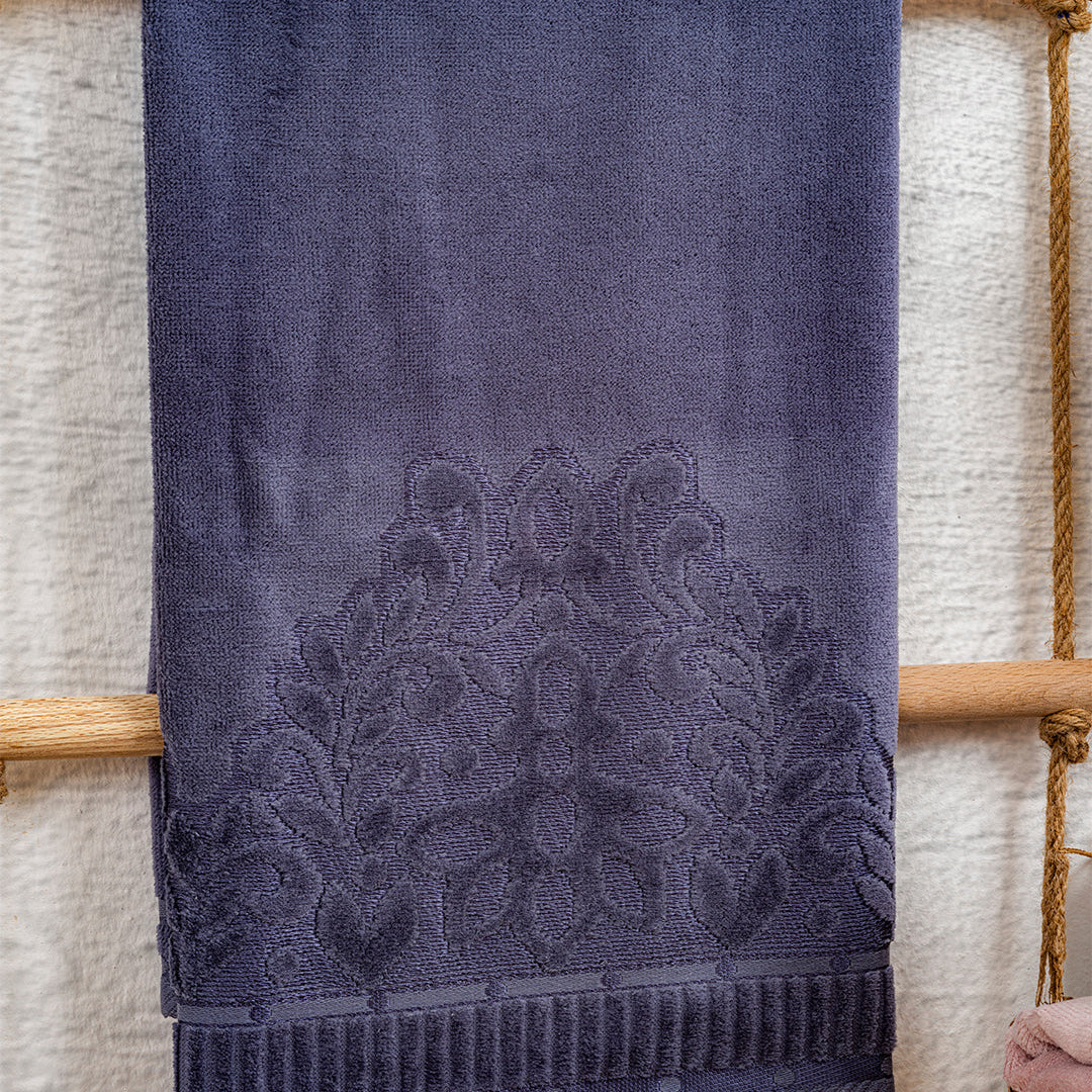 Close up of Caressa velvet towels showing embroidered detail and plush velvet texture by PNRDECOR ship from USA